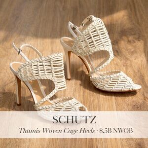 Schutz Thamis Woven Cage Heel Sandals Off White Size 8.5B NWOB